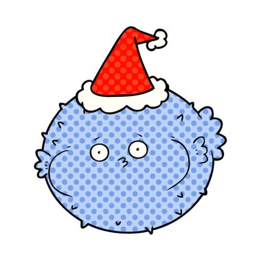 çizgi roman tarzı illüstrasyon Noel Baba şapkası giyen bir kirpi balığı balık el çekilmiş
