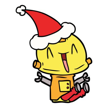 çizim için Noel Baba şapkası giyen bir robot el çekilmiş
