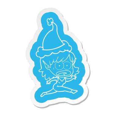 Noel Baba şapkası giyen bir şok elf kız çizgi film etiketi