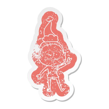 Noel Baba ha giymiş mutlu bir yaşlı kadın karikatür sıkıntılı etiket