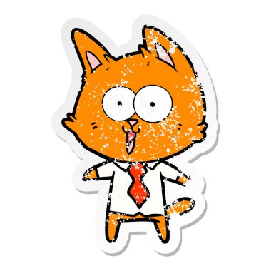 gömlek ve kravat takmış bir komik karikatür kedi sıkıntılı etiket