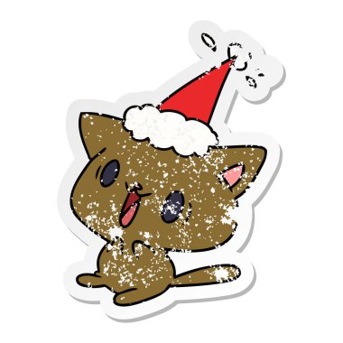 Noel sıkıntılı etiket karikatür kawaii kedi el çekilmiş