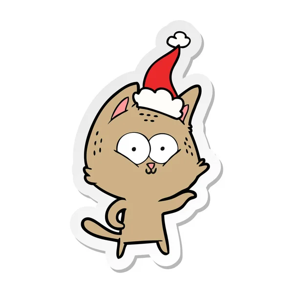 Etiket Karikatür Noel Baba Şapkası Giyen Bir Kedi Çekilmiş — Stok Vektör