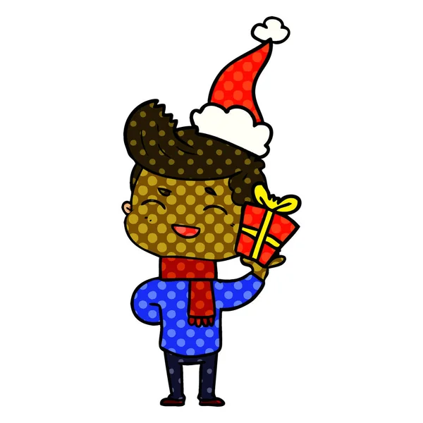 Handgezeichnete Illustration Eines Lachenden Mannes Mit Weihnachtsmütze Comic Stil — Stockvektor