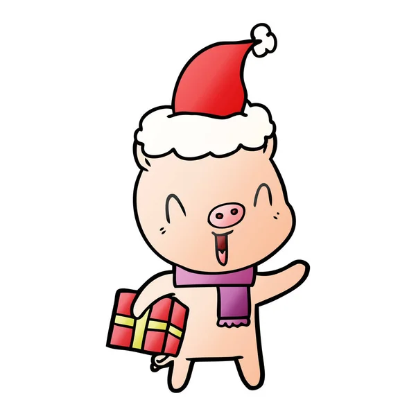 Heureux Dessiné Main Dégradé Dessin Animé Cochon Avec Cadeau Noël — Image vectorielle