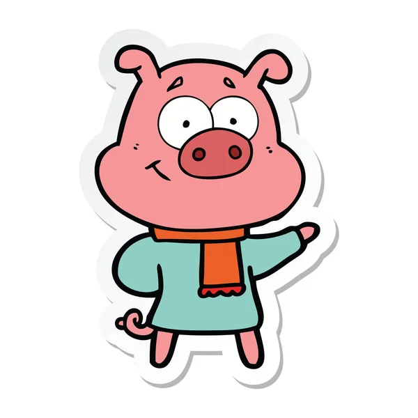 Sticker of a happy cartoon pig wearing warm clothes — Stock Vector