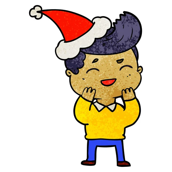 Texturierte Karikatur eines lachenden Mannes mit Weihnachtsmütze — Stockvektor