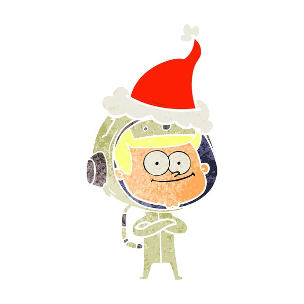 Astronauta Feliz Dibujado Mano Dibujos Animados Retro Sombrero Santa Claus — Vector de stock
