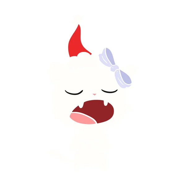 Hand Drawn Flat Color Illustration Cat Meowing Wearing Santa Hat — Stock Vector