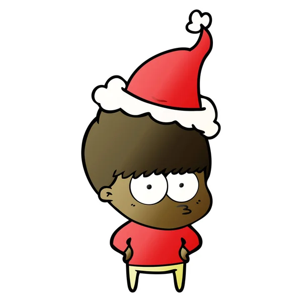 Nervous gradient cartoon of a boy wearing santa hat — Stock Vector