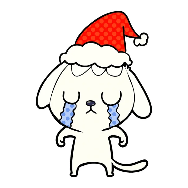 Cute comic book style illustration of a dog crying wearing santa — Stock Vector