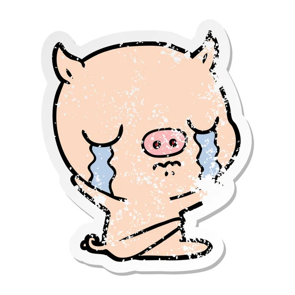 Calcomanía angustiada de un cerdo sentado de dibujos animados llorando — Vector de stock