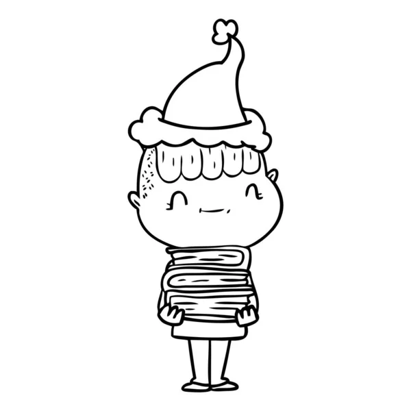 Línea de dibujo de un niño amigable con libros con sombrero de santa — Vector de stock