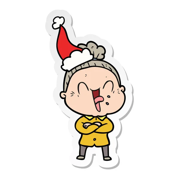 手绘贴纸卡通一个快乐的老太婆戴圣诞老人的帽子 — 图库矢量图片
