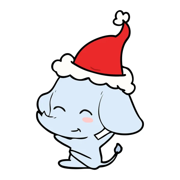 Línea Dibujada Mano Lindo Dibujo Elefante Con Sombrero Santa — Vector de stock