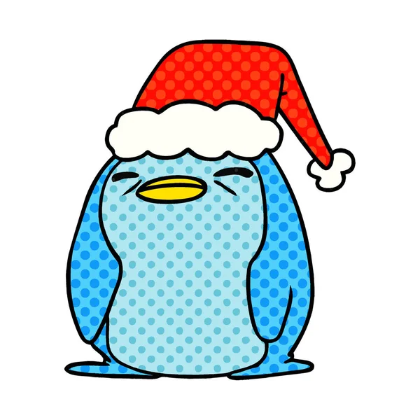 Hand Drawn Christmas Cartoon Kawaii Penguin — Stock Vector