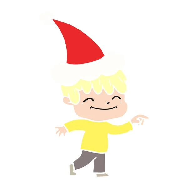Platt färg illustration av en glad pojke som santa hatt — Stock vektor