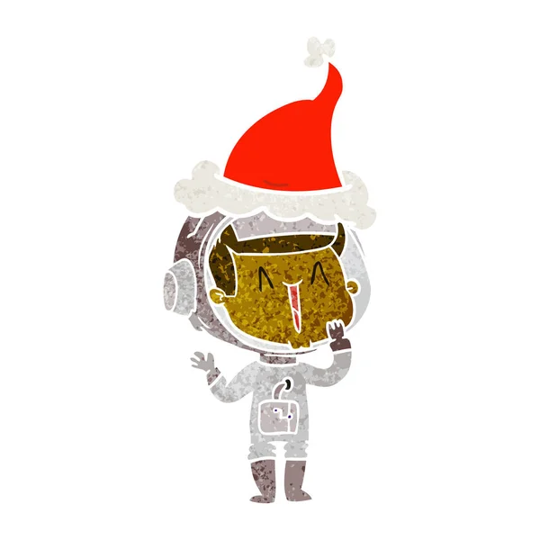 Mão Risonho Desenhado Desenhos Animados Retro Astronauta Usando Chapéu Santa — Vetor de Stock