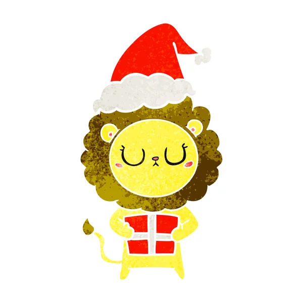 Desenho Animado Retrô Desenhado Mão Leão Com Presente Natal Vestindo —  Vetores de Stock