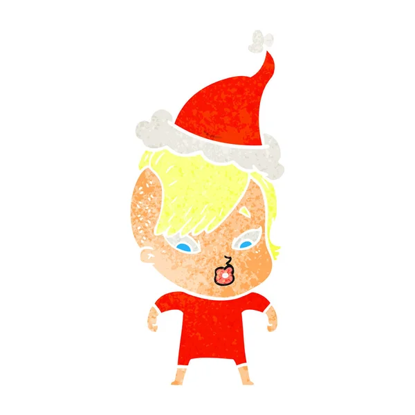 Retro desen animat de o fată surprinsă purtând pălărie de Moș Crăciun — Vector de stoc