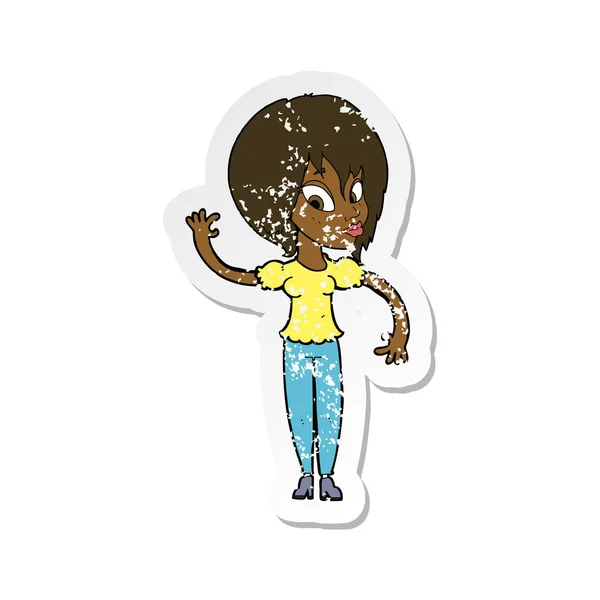 Retro Distressed Sticker Cartoon Woman Waving — Stock Vector