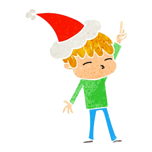 Hand Dras Retro Tecknade Nyfiken Pojke Som Santa Hatt — Stock vektor