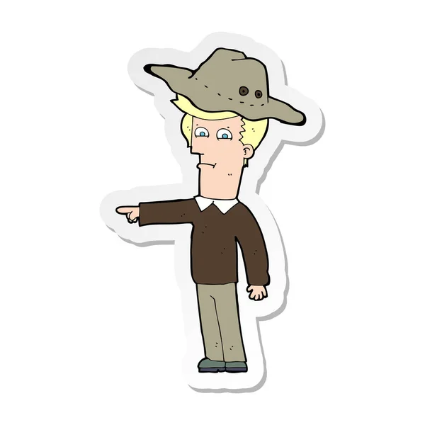 Adesivo di un cartone animato che indica l'uomo indossa cappello — Vettoriale Stock