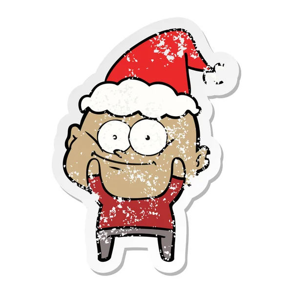 Hand Drawn Distressed Sticker Cartoon Bald Man Staring Wearing Santa — Stock Vector