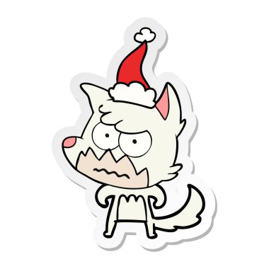 etiket karikatür Noel Baba şapkası giyen rahatsız tilki el çekilmiş
