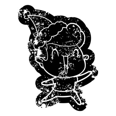 Noel Baba şapkası giyen bir heyecanlı adam karikatür sıkıntılı simgesi