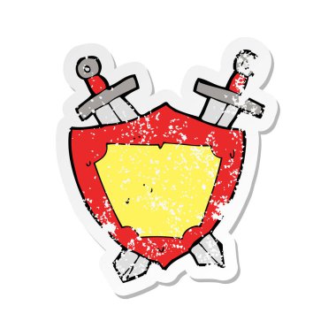 Retro sıkıntılı etiket bir karikatür kalkan ve kılıç
