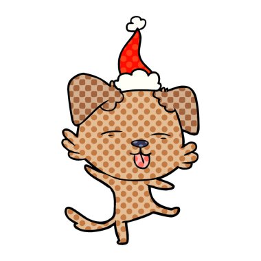çizgi roman tarzı illüstrasyon Noel Baba şapkası giyen bir dans eden köpek el çekilmiş
