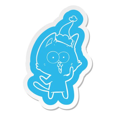 Noel Baba şapkası giyen bir kedinin komik ilginç karikatür etiket