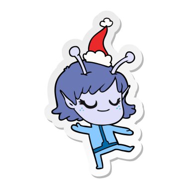 uzaylı kız el çekilmiş etiket karikatür giyen Noel Baba şapkası, gülümseyen