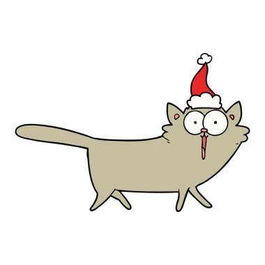 Noel Baba şapkası giyen bir kedi çizgi çizme