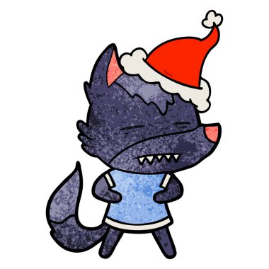 Noel Baba şapkası giyen diş gösterilen kurt dokulu çizgi film el çekilmiş