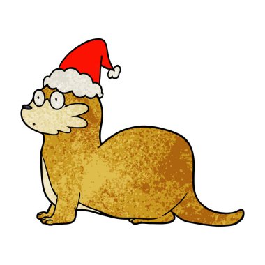 Noel Baba şapkası giyen bir su samuru, dokulu çizgi film el çekilmiş