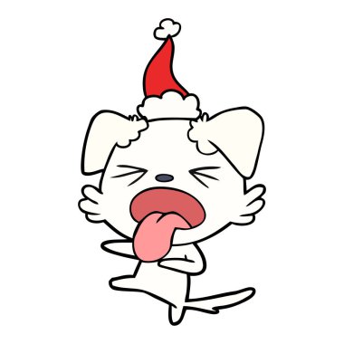 Noel Baba şapkası giyen bir tiksinti köpek çizgi çizme