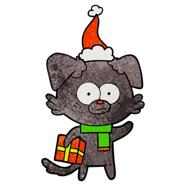 gergin köpek elle çizilmiş karikatür dokulu bir şapka giyen Noel hediye ile
