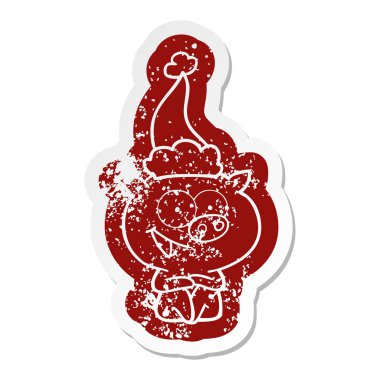 neşeli oturma domuz ilginç giyen Noel Baba şapkası, sıkıntılı Etiket cartoon