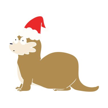 Noel Baba şapkası giyen bir su samuru düz renk gösterimi el çekilmiş