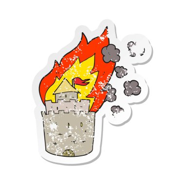 Retro sıkıntılı etiket kale yanan bir karikatür