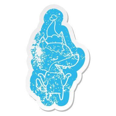 çizgi film sıkıntılı etiket giyen Noel Baba şapkası gülüyor kurt