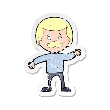 Retro sıkıntılı etiket sallayarak bir çizgi film baba