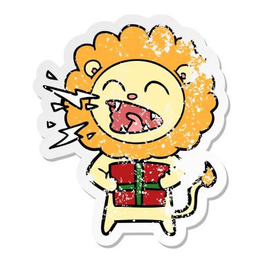 kükreyen aslan hediye ile bir karikatür sıkıntılı etiket
