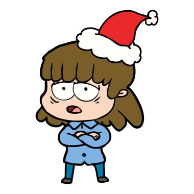 çizim için Noel Baba şapkası giyen yorgun bir kadının el çekilmiş