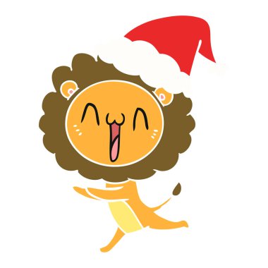 mutlu el çekilmiş santa şapka giymiş bir aslan düz renkli çizimi