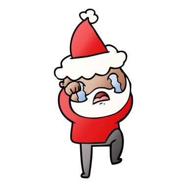 sakallı bir adam ağlıyor ve Noel Baba şapkası giyiyor ayak damgalama çizilmiş degrade çizgi film el