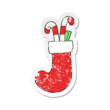 Retro sıkıntılı etiket bir karikatür Noel çorap