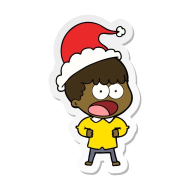 etiket karikatür Noel Baba şapkası giyen bir şok adamın el çekilmiş